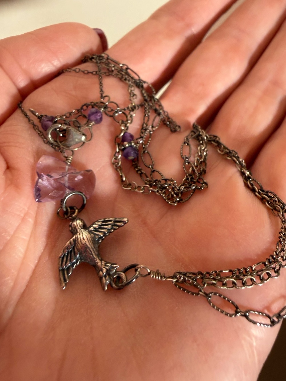 Sterling silver bird amethyst asymmetrical multi chain delicate necklace